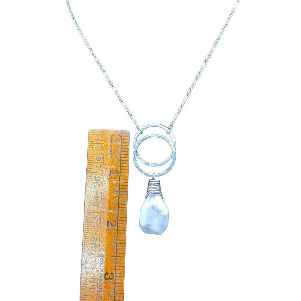Silver double circles white agate drop necklace